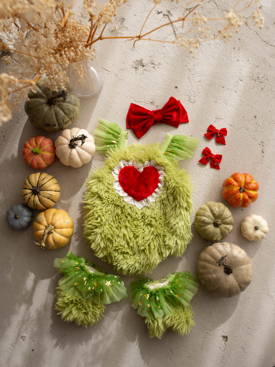 Little Grump green faux-fur baby romper with red heart - Before & Ever Kids