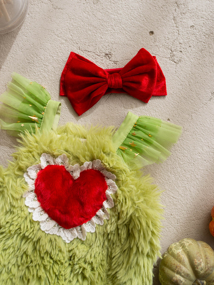 Little Grump green faux-fur baby romper with red heart - Before & Ever Kids