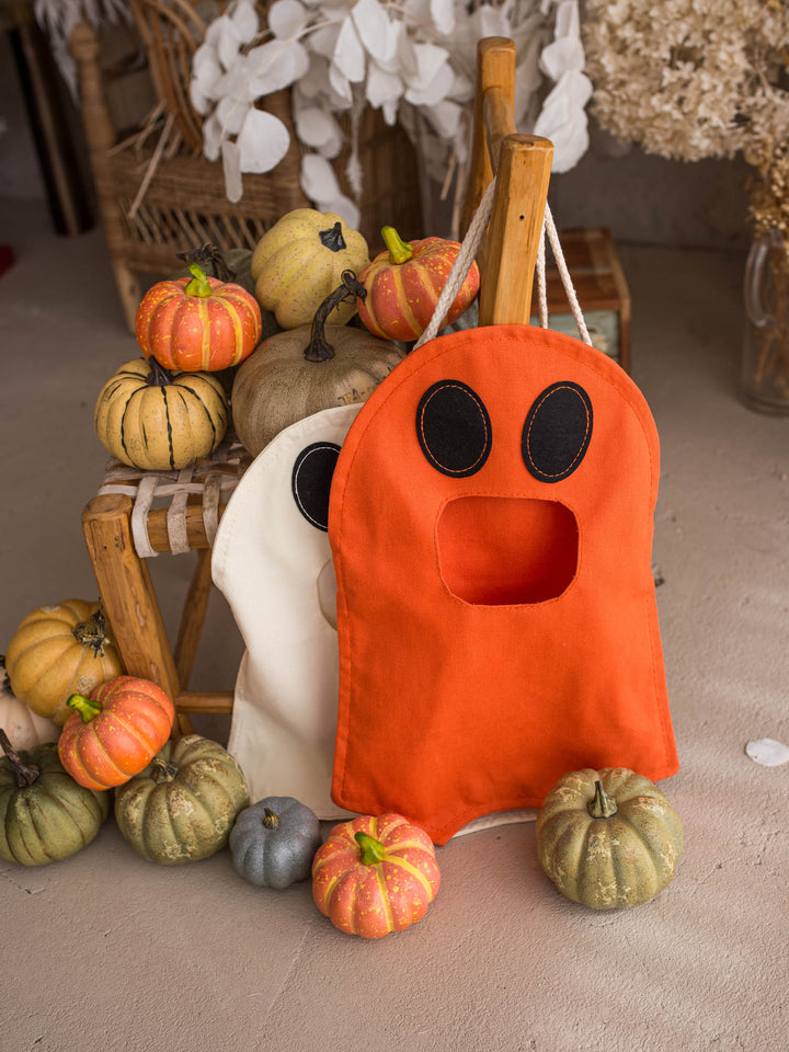 Little Gulp Ghost Treat Bag in cream and orange standing together - Before & Ever Kids