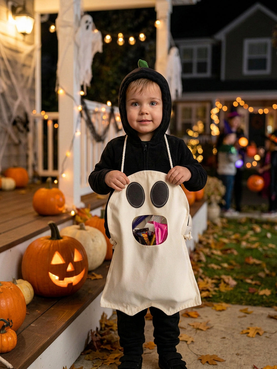Child carrying the Little Gulp Ghost Treat Bag in cream by its rope strap while trick or treating - Before & Ever Kids