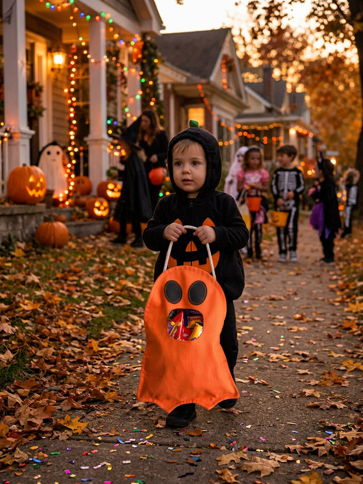 Child carrying the Little Gulp Ghost Treat Bag in orange filled with sweets on a trick or treat street - Before & Ever Kids