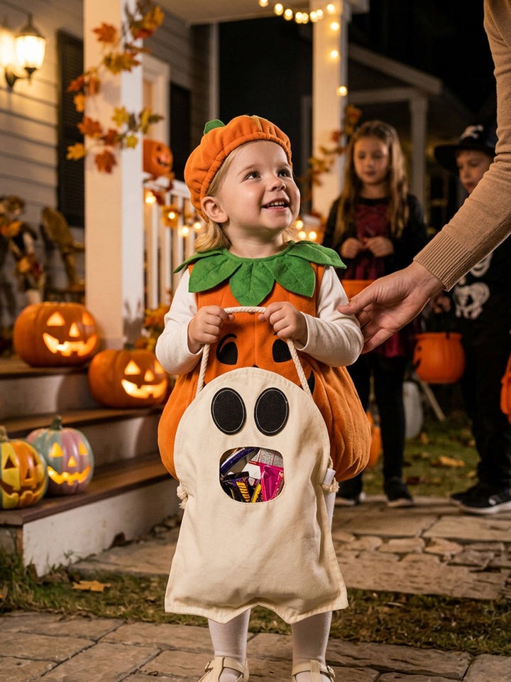 Child holding the Little Gulp Ghost Treat Bag in cream on a porch at Halloween - Before & Ever Kids