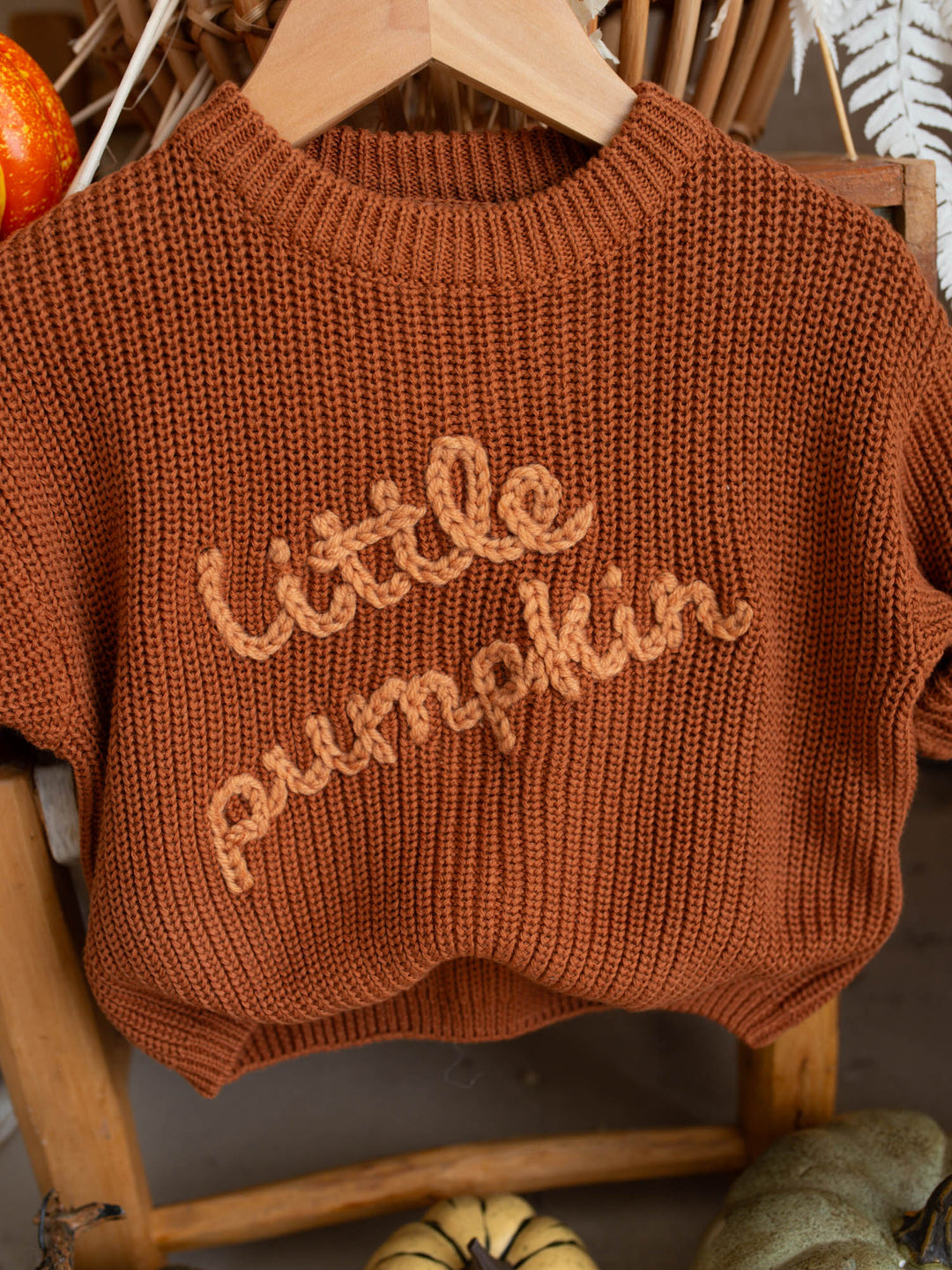 Little Pumpkin rust cotton knit sweater with pumpkin detail - Before & Ever Kids
