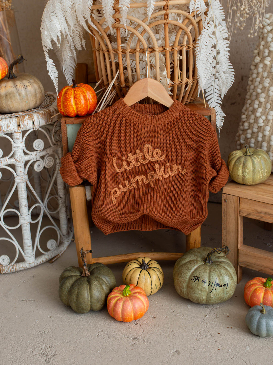 Little Pumpkin rust cotton knit sweater with pumpkin detail - Before & Ever Kids