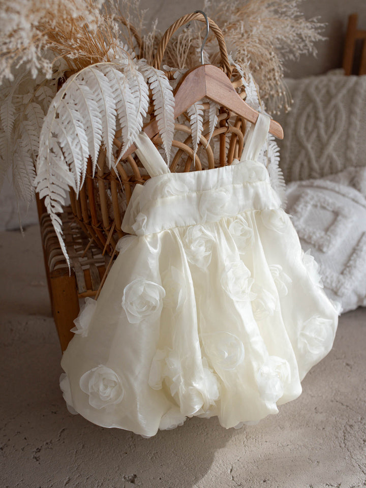 Milk organza Lost In Roses girls party dress covered in 3D roses, sleeveless with bubble hem