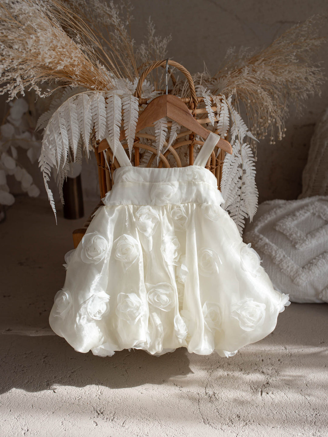 Milk organza Lost In Roses girls party dress covered in 3D roses, sleeveless with bubble hem