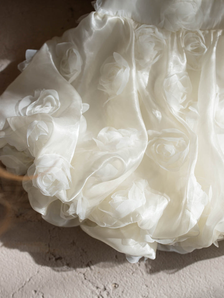 Milk organza Lost In Roses girls party dress covered in 3D roses, sleeveless with bubble hem