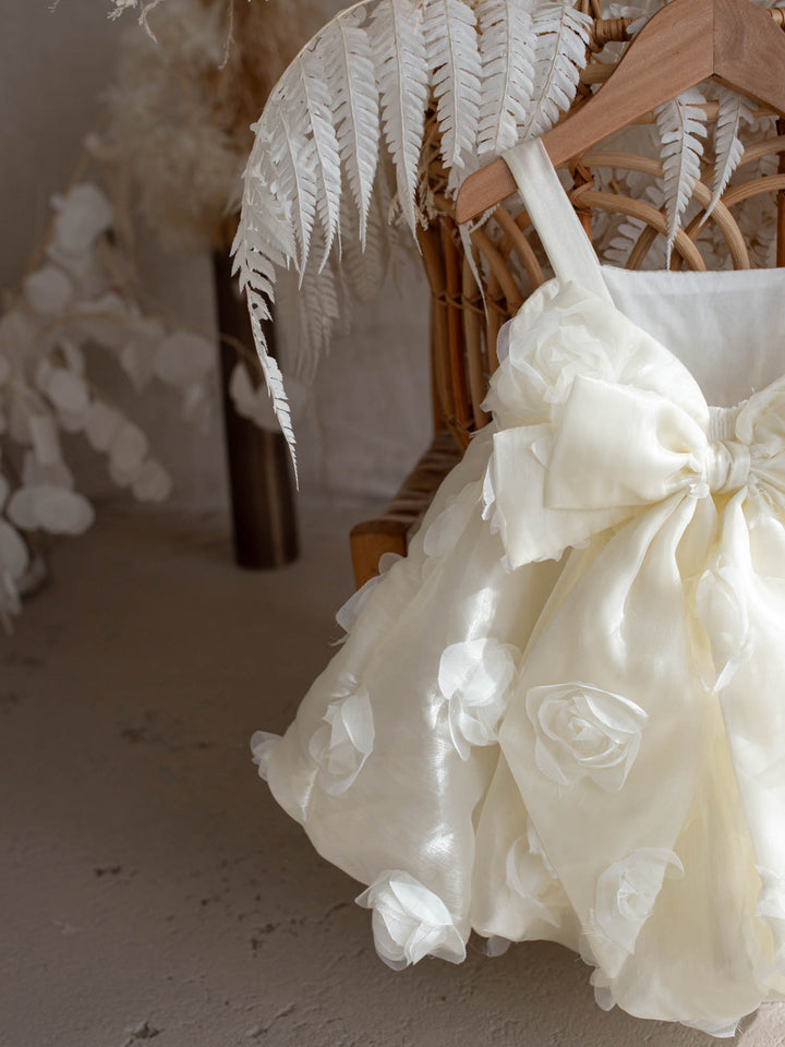 Milk organza Lost In Roses girls party dress covered in 3D roses, sleeveless with bubble hem