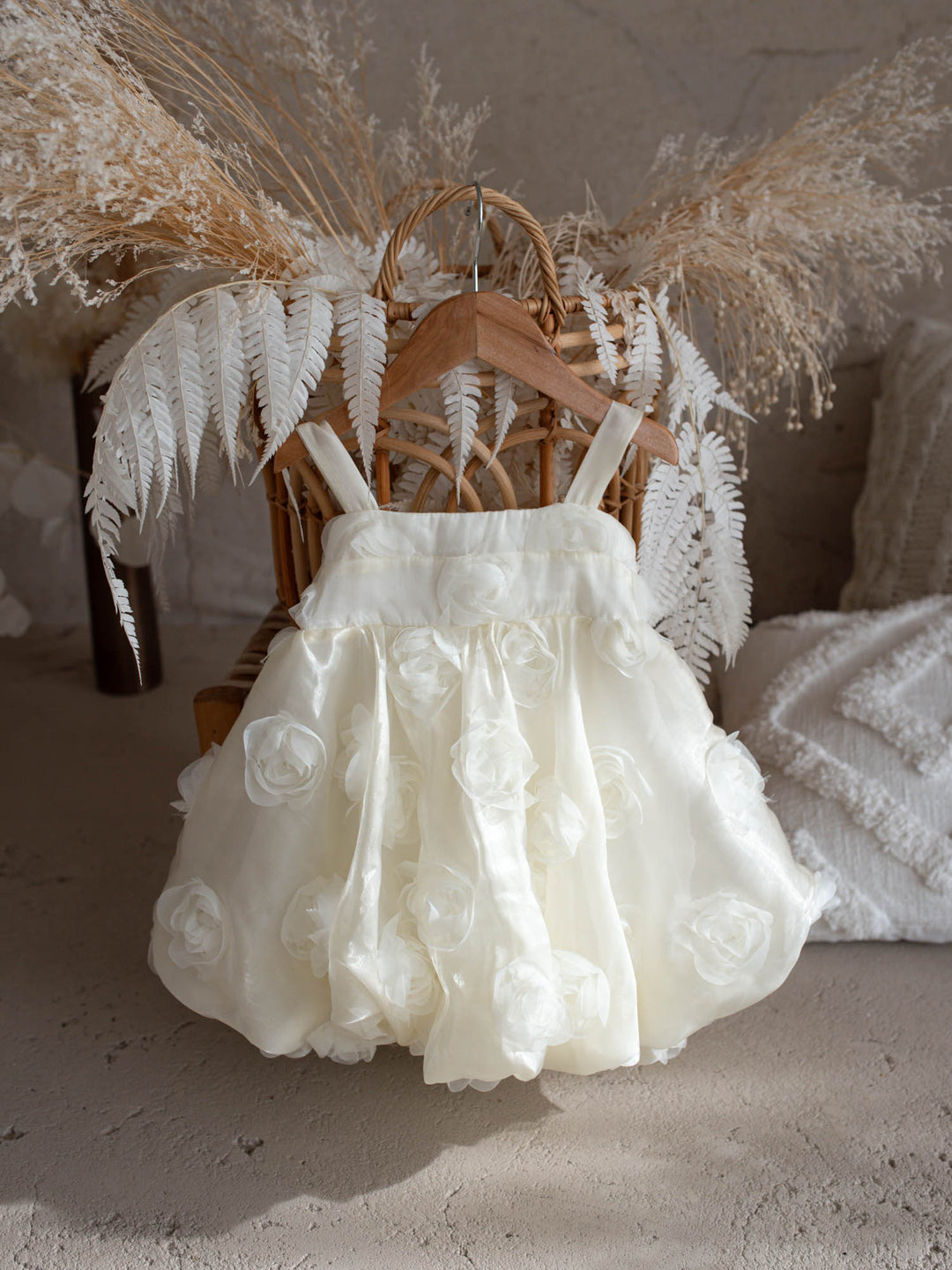 Milk organza Lost In Roses girls party dress covered in 3D roses, sleeveless with bubble hem