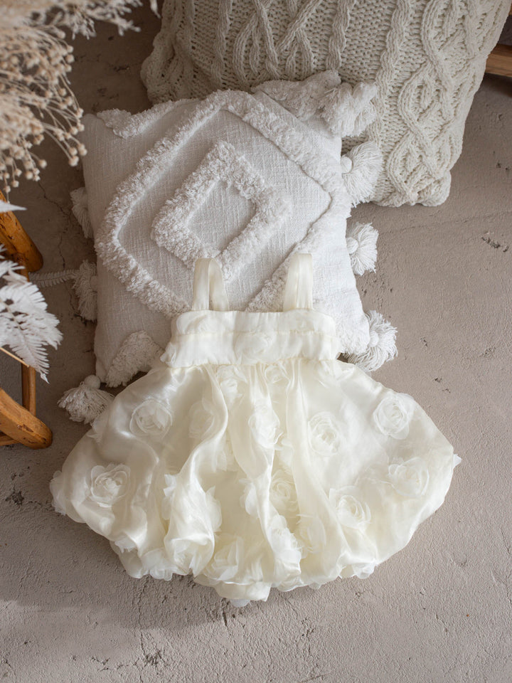 Milk organza Lost In Roses girls party dress covered in 3D roses, sleeveless with bubble hem