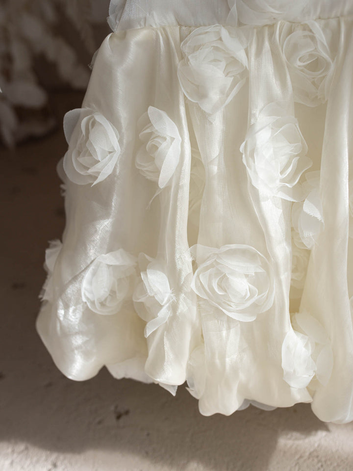 Milk organza Lost In Roses girls party dress covered in 3D roses, sleeveless with bubble hem