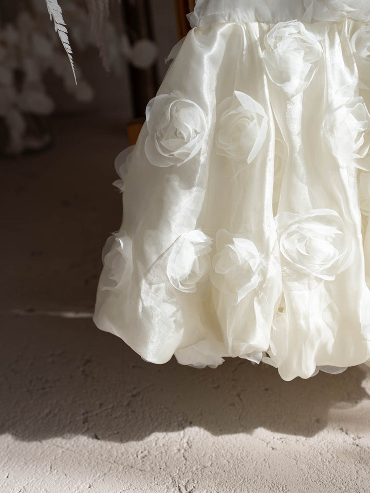 Milk organza Lost In Roses girls party dress covered in 3D roses, sleeveless with bubble hem