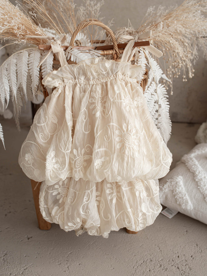 Love, Always ivory baby girl top and bloomer shorts set with tonal floral embroidery - Before & Ever Kids