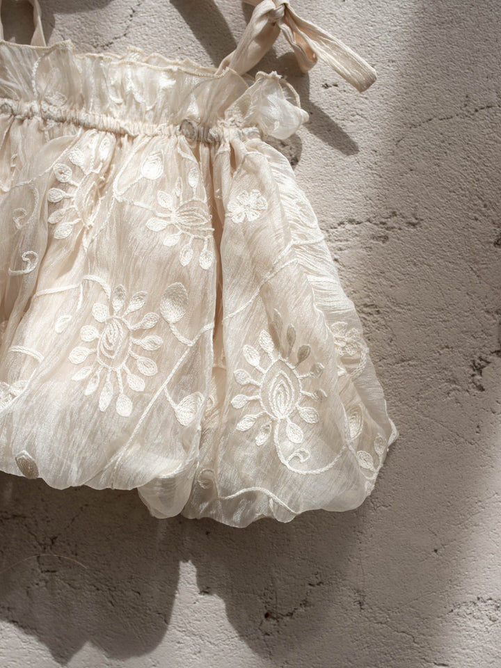 Love, Always ivory baby girl top and bloomer shorts set with tonal floral embroidery, view 10 - Before & Ever Kids
