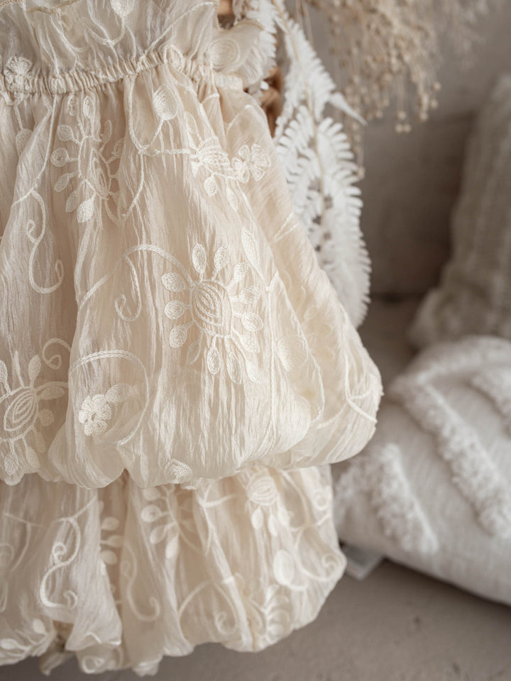 Love, Always ivory baby girl top and bloomer shorts set with tonal floral embroidery, view 2 - Before & Ever Kids