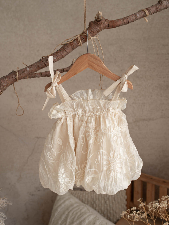 Love, Always ivory baby girl top and bloomer shorts set with tonal floral embroidery, view 4 - Before & Ever Kids
