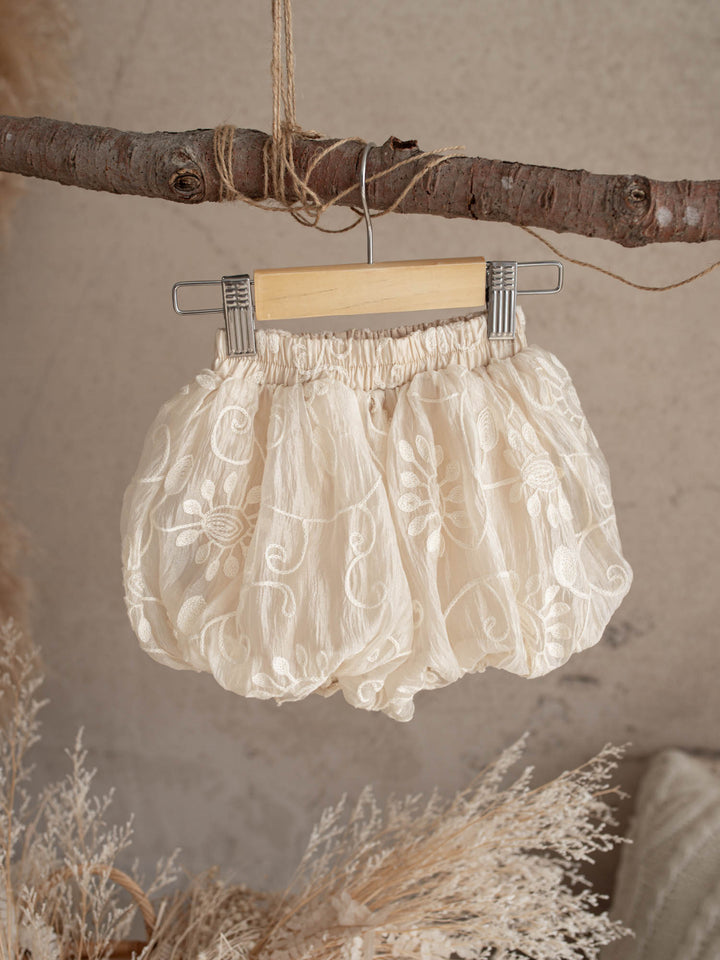 Love, Always ivory baby girl top and bloomer shorts set with tonal floral embroidery, view 5 - Before & Ever Kids