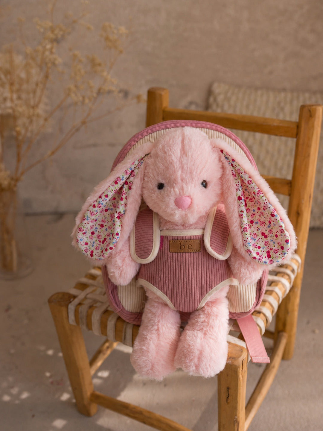 Macie the Bunny plush backpack for kids, front view with the plush bunny in the front pocket - Before & Ever Kids