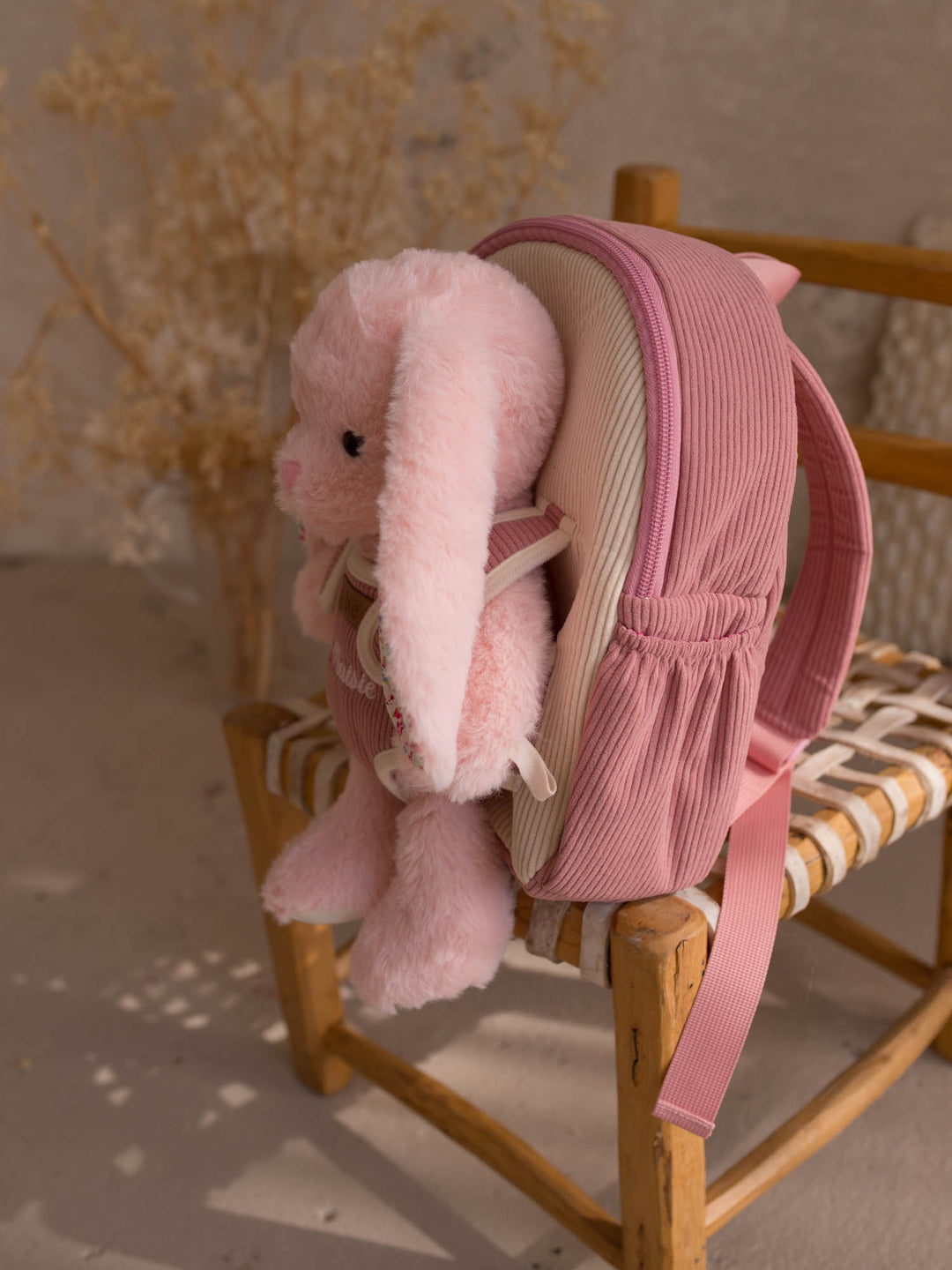 Macie the Bunny plush backpack for kids, side view of the backpack with the bunny - Before & Ever Kids