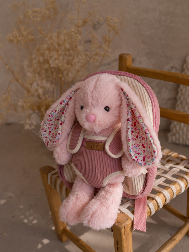 Macie the Bunny plush backpack for kids, plush bunny tucked into the front pocket - Before & Ever Kids