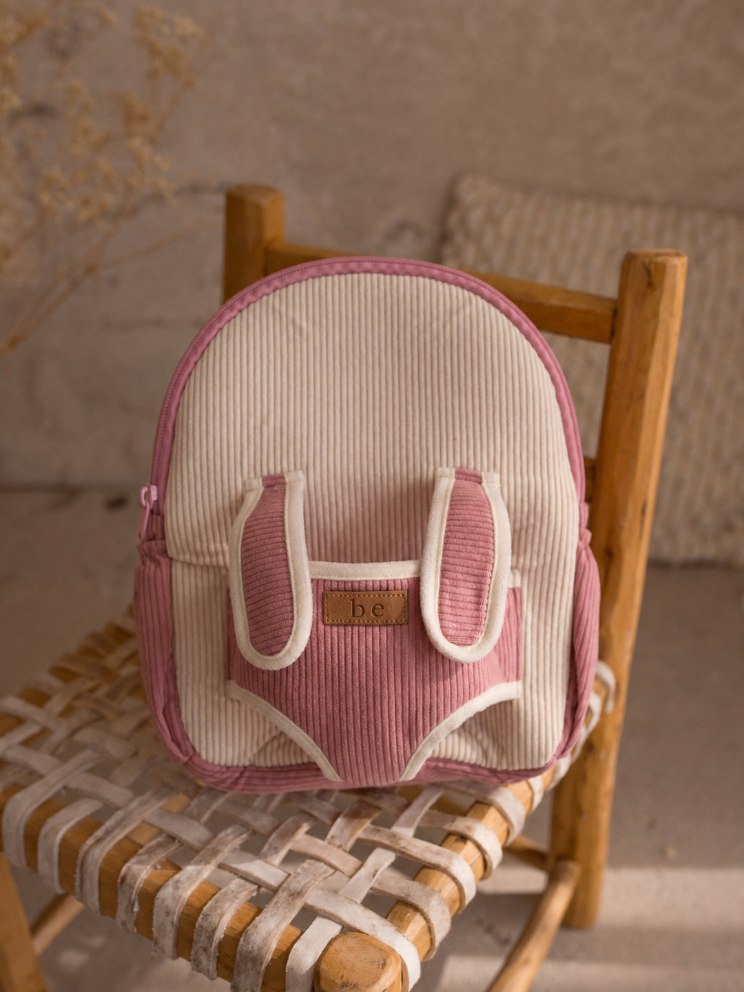 Macie the Bunny plush backpack for kids, backpack front with the bunny lifted out - Before & Ever Kids