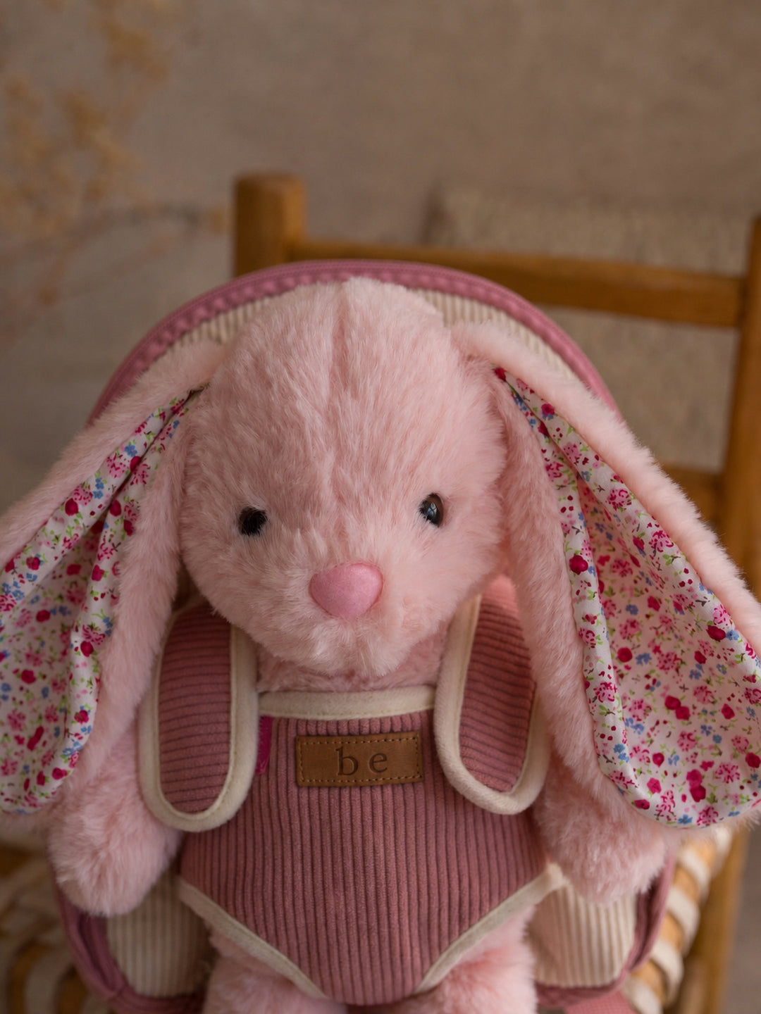 Macie the Bunny plush backpack for kids, close up of the bunny face and floral inner ears - Before & Ever Kids