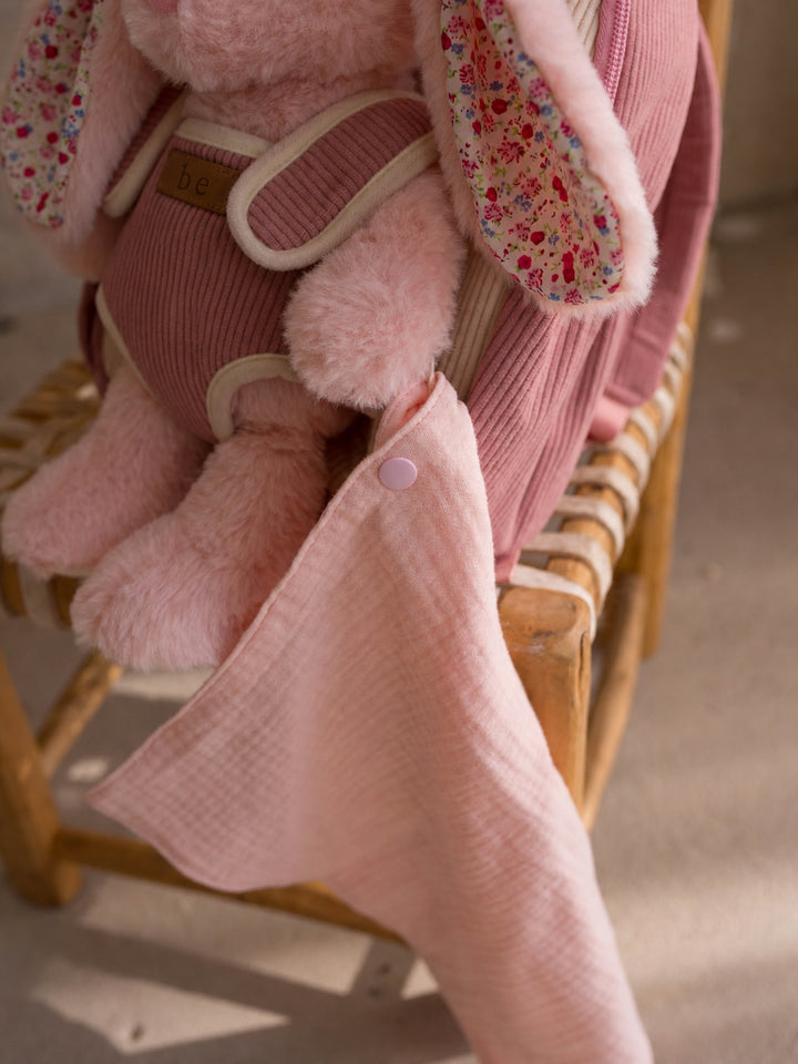 Macie the Bunny plush backpack for kids, detachable muslin comforter snapped to the paw - Before & Ever Kids