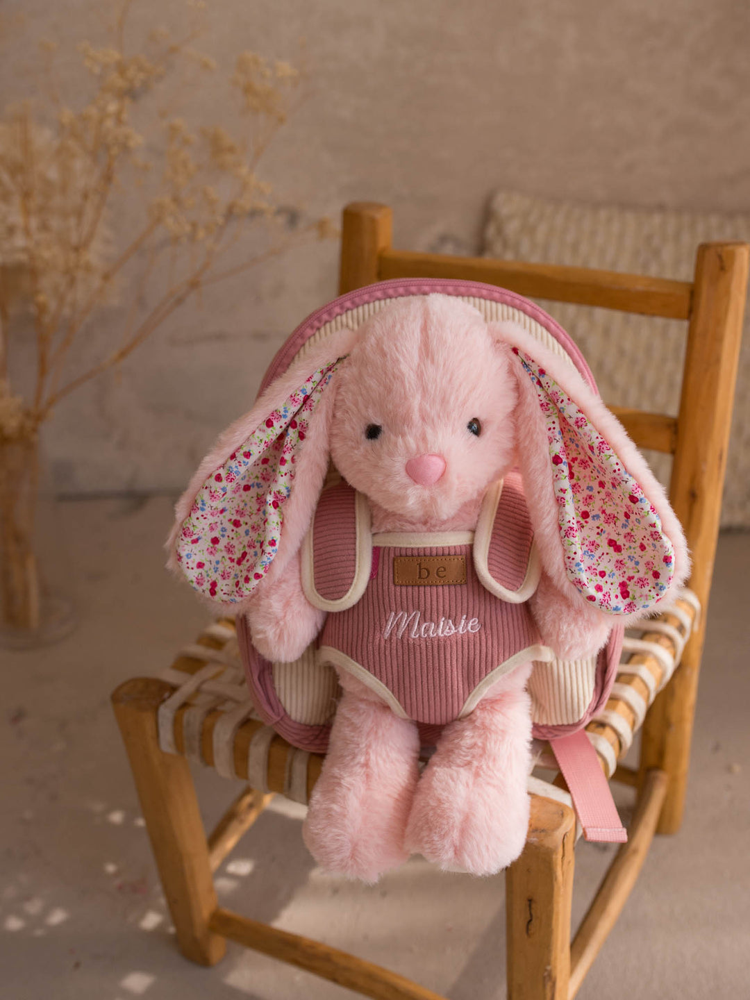 Macie the Bunny personalised plush backpack for kids, front view with the plush bunny in the front pocket - Before & Ever Kids