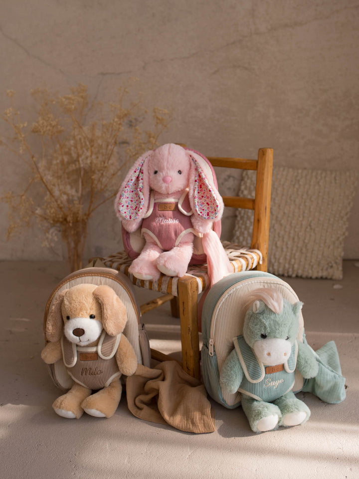 Macie the Bunny personalised plush backpack for kids, three Little BFF companion backpacks together - Before & Ever Kids
