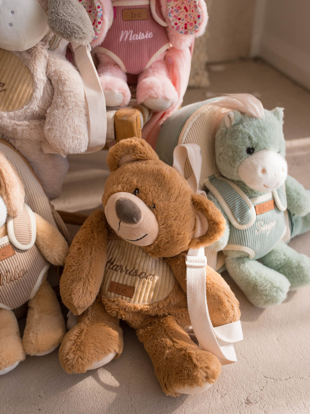 Macie the Bunny personalised plush backpack for kids, Little BFF backpacks grouped together - Before & Ever Kids