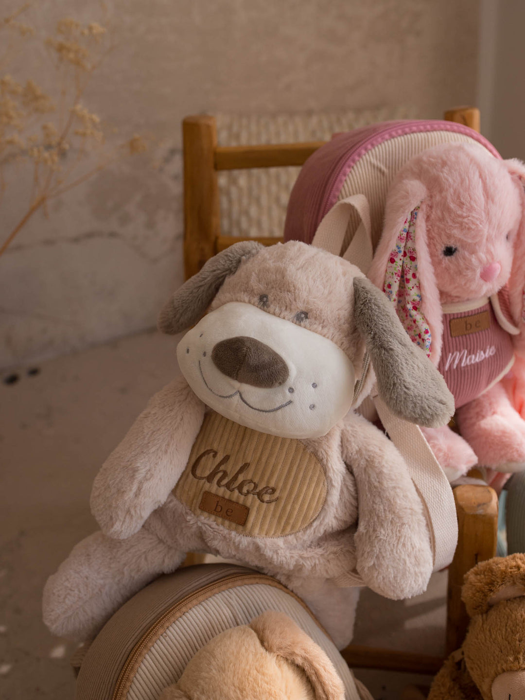 Macie the Bunny personalised plush backpack for kids, shown with another Little BFF backpack - Before & Ever Kids