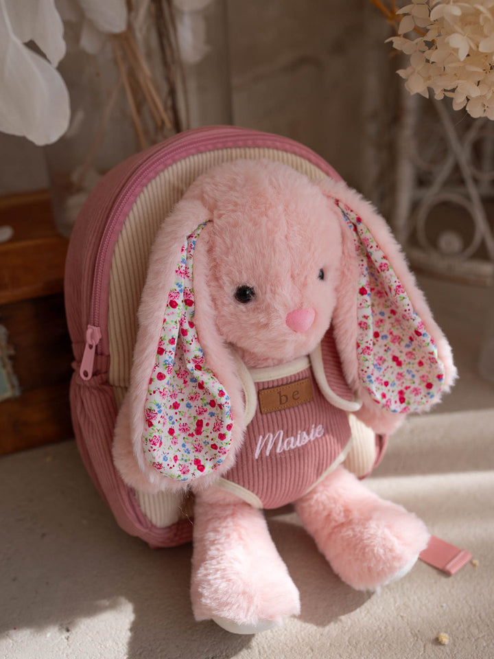 Macie the Bunny personalised Little BFF Companion Backpack, with the detachable bunny plush and floral lined ears