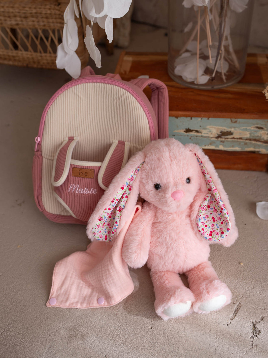 Macie the Bunny personalised Little BFF Companion Backpack, shown with the detachable bunny plush and matching comforter