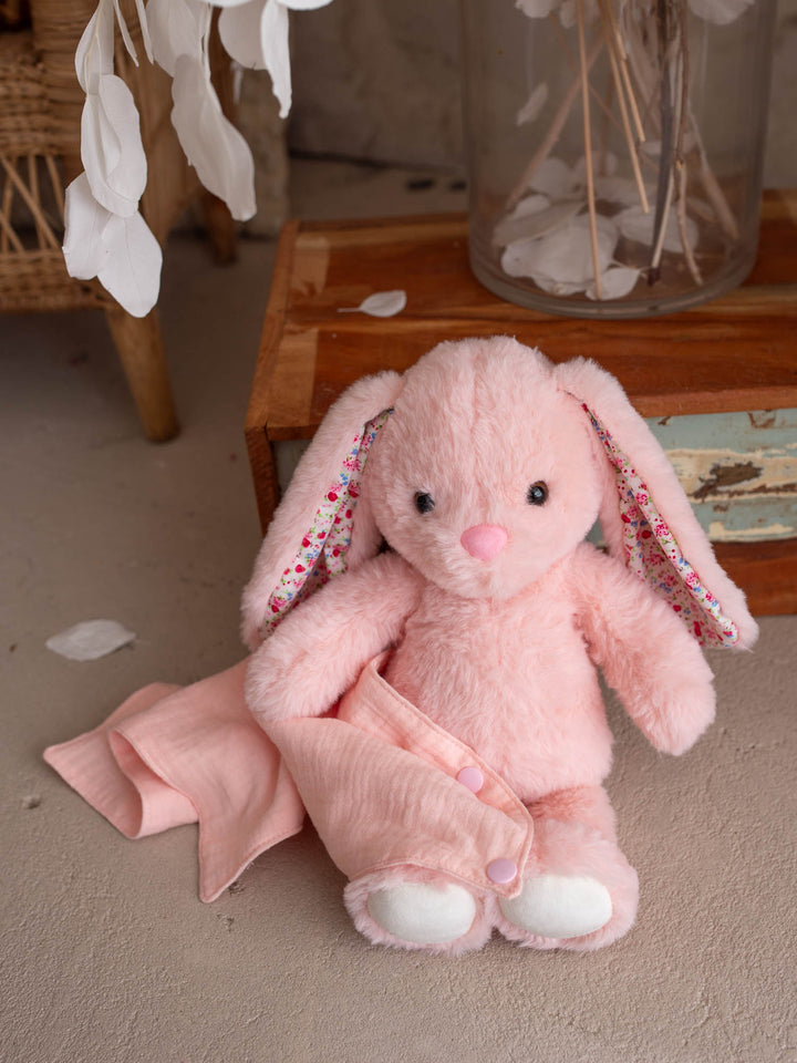 Macie the Bunny personalised Little BFF Companion Backpack, the bunny plush with its matching muslin comforter