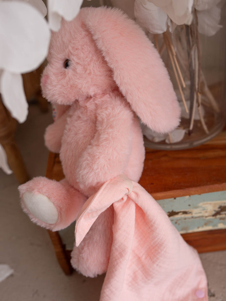 Macie the Bunny personalised Little BFF Companion Backpack, close up of the bunny plush and the matching comforter