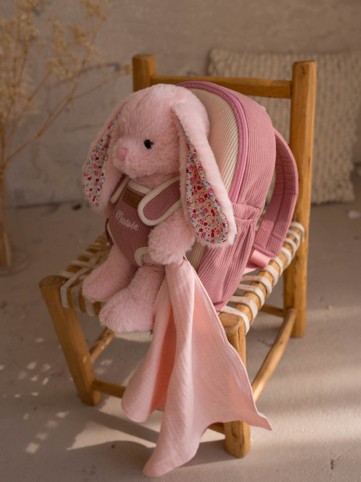 Macie the Bunny personalised plush backpack for kids, bunny and backpack front view - Before & Ever Kids