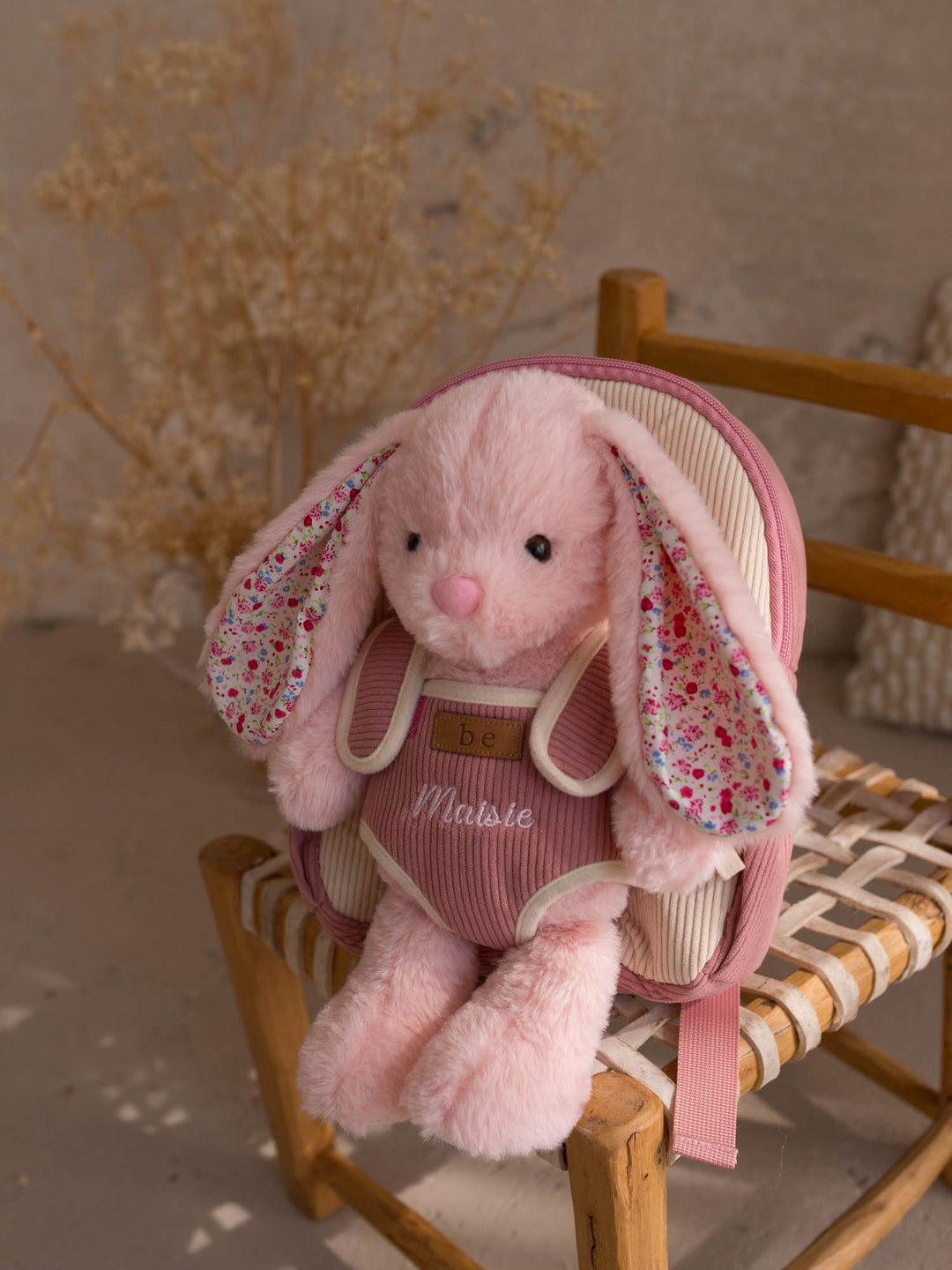 Macie the Bunny personalised plush backpack for kids, plush bunny tucked into the front pocket - Before & Ever Kids