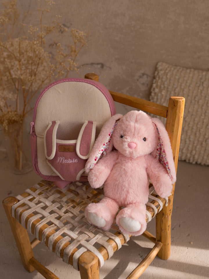 Macie the Bunny personalised plush backpack for kids, backpack with the bunny sitting beside it - Before & Ever Kids