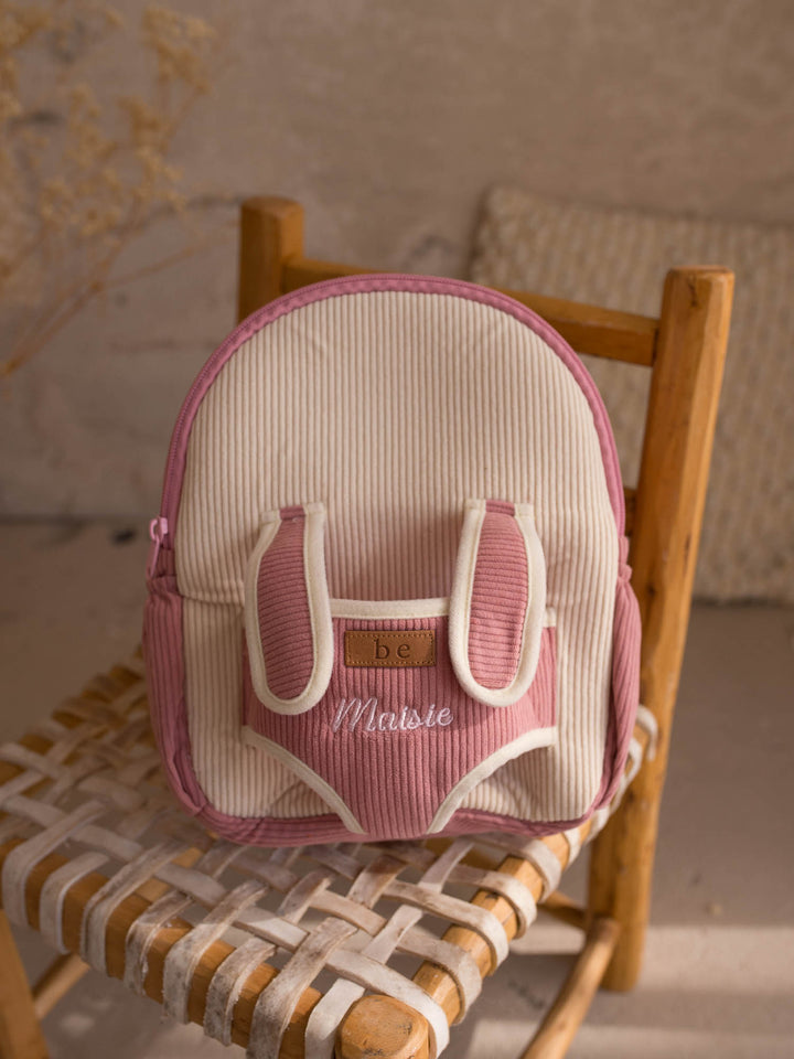 Macie the Bunny personalised plush backpack for kids, backpack front with the bunny lifted out - Before & Ever Kids