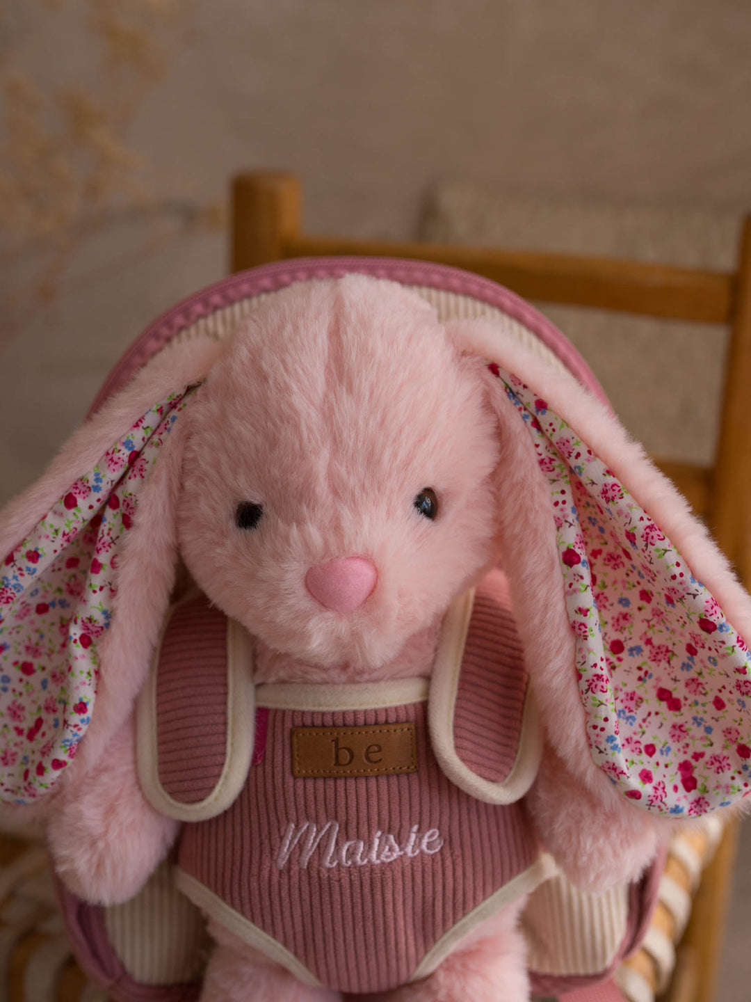 Macie the Bunny personalised plush backpack for kids, close up of the bunny face and floral inner ears - Before & Ever Kids