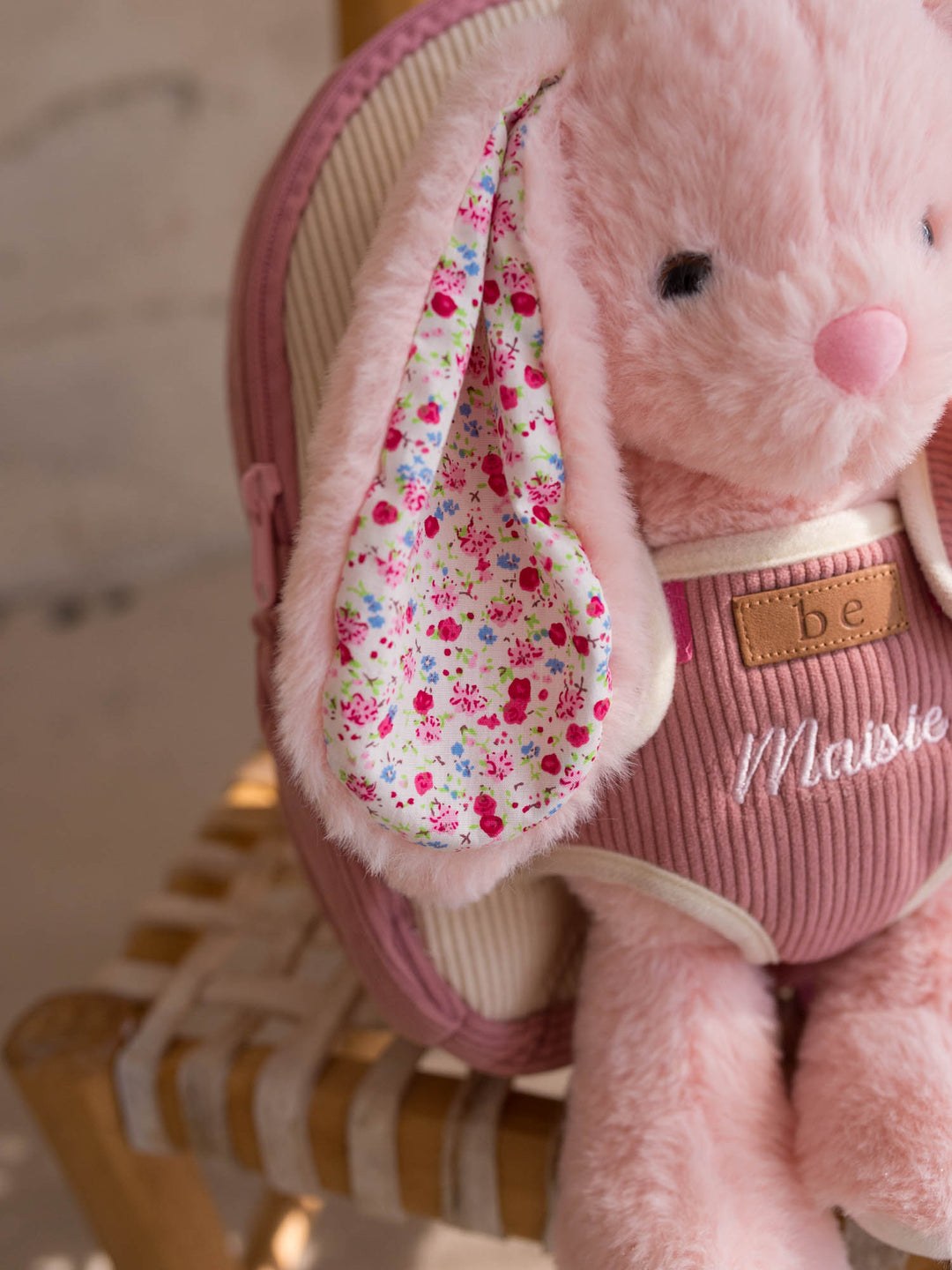 Macie the Bunny personalised plush backpack for kids, close up of the floral inner ear and corduroy front - Before & Ever Kids