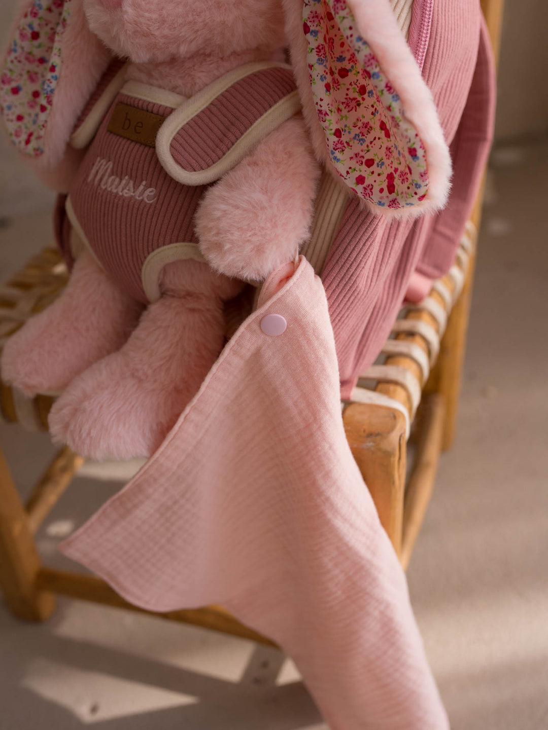 Macie the Bunny personalised plush backpack for kids, detachable muslin comforter snapped to the paw - Before & Ever Kids