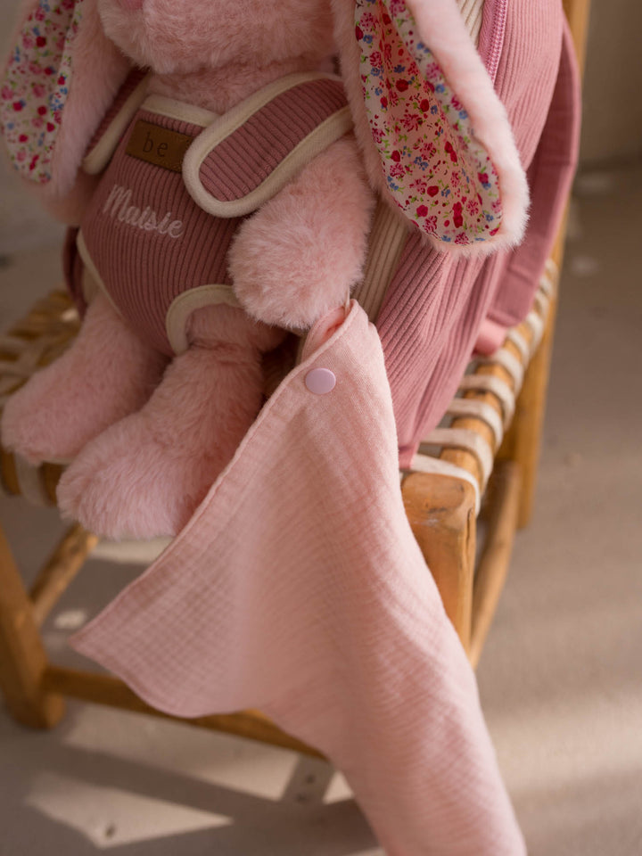 Macie the Bunny personalised plush backpack for kids, detachable muslin comforter snapped to the paw - Before & Ever Kids