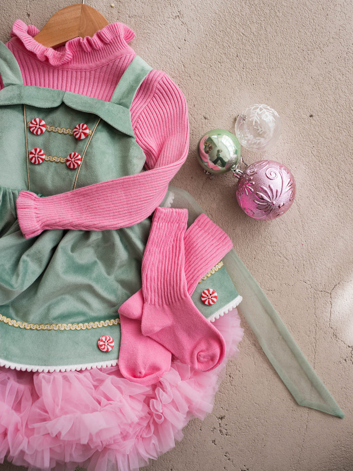 Bubblegum pink ribbed socks styled with a mint velvet pinafore and pink tulle skirt