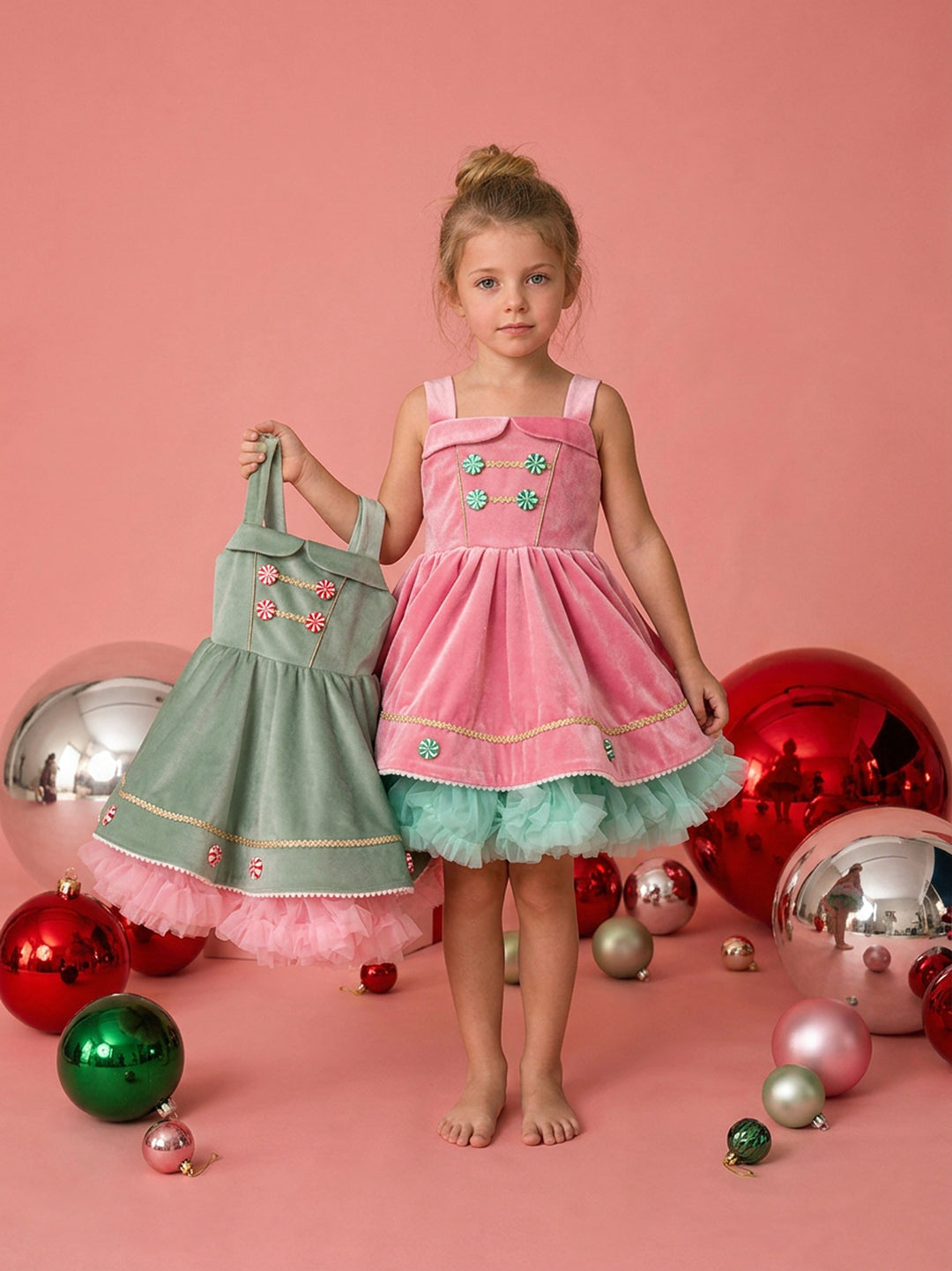 Merry Berry pink and mint worn on model, pink velvet pinafore with mint peppermint buttons over a mint tulle tutu, shown beside the sage green Merry Mint dress - Before & Ever Kids