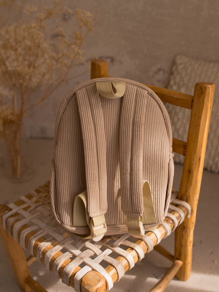 Milo the Puppy plush backpack for kids, back view of the corduroy backpack - Before & Ever Kids