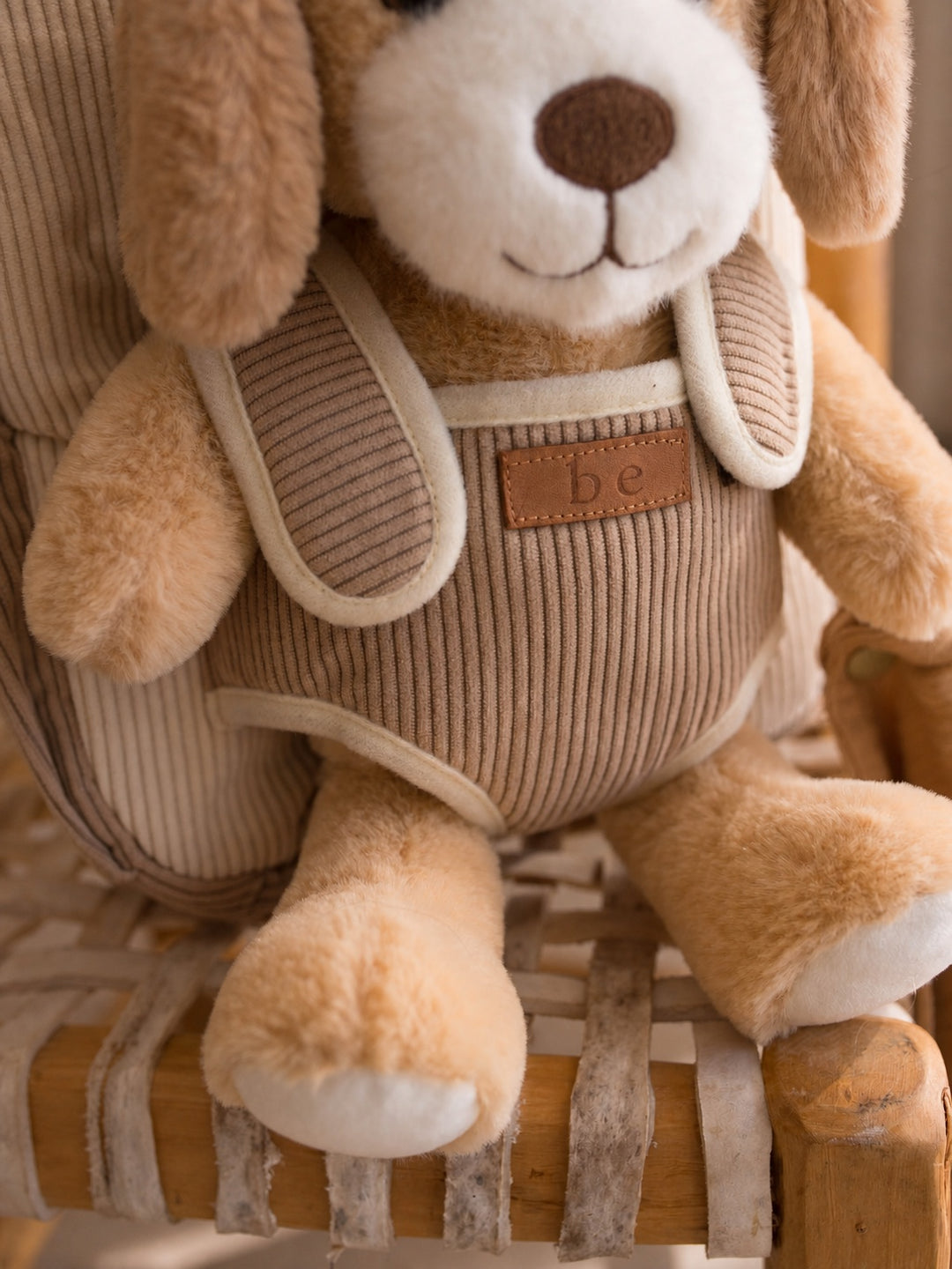 Milo the Puppy plush backpack for kids, close up of the puppy face and corduroy front - Before & Ever Kids
