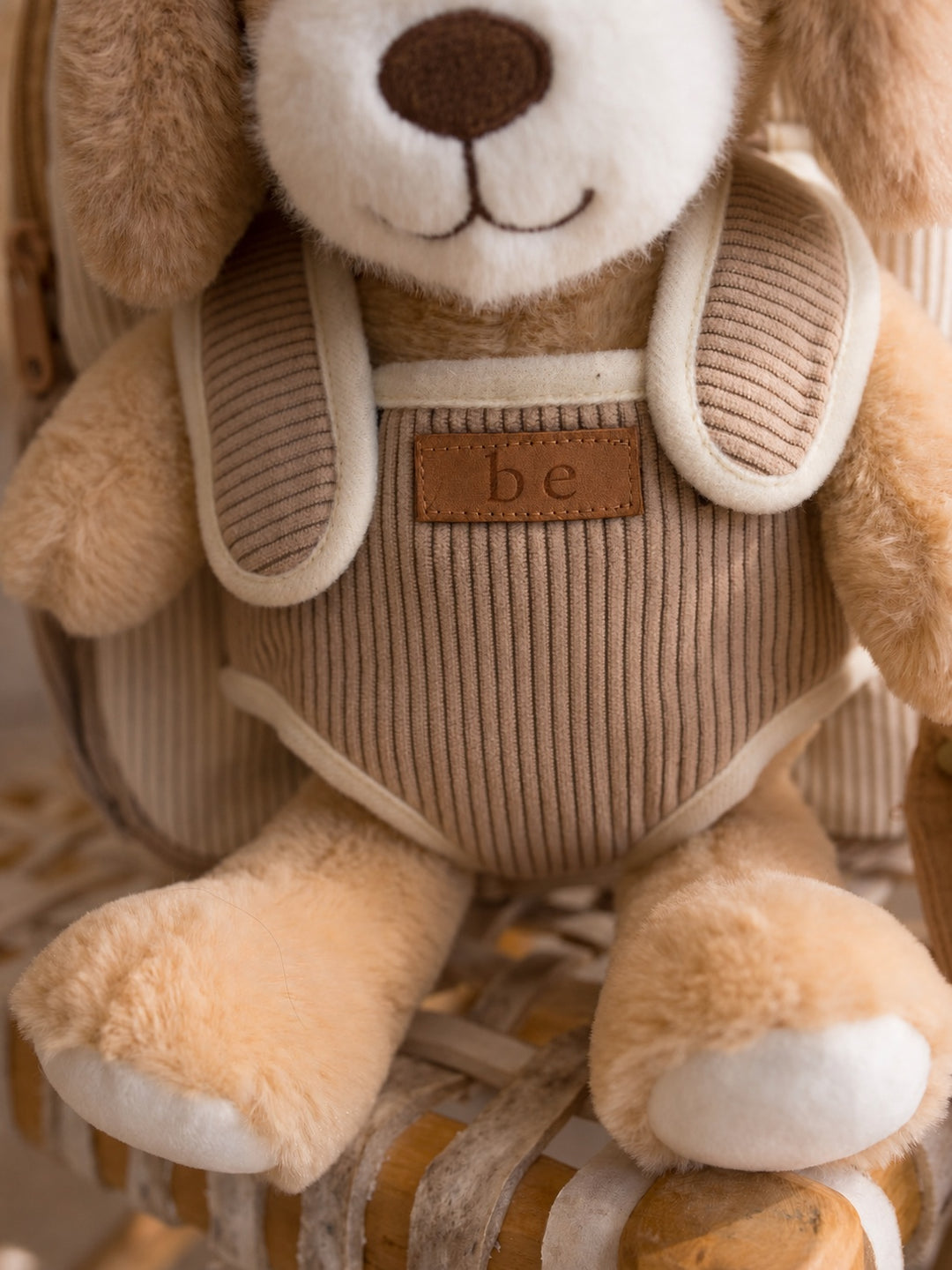 Milo the Puppy plush backpack for kids, close up of the corduroy front panel - Before & Ever Kids