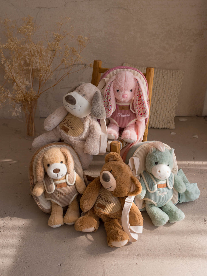 Milo the Puppy personalised plush backpack for kids, all five Little BFF backpacks together - Before & Ever Kids
