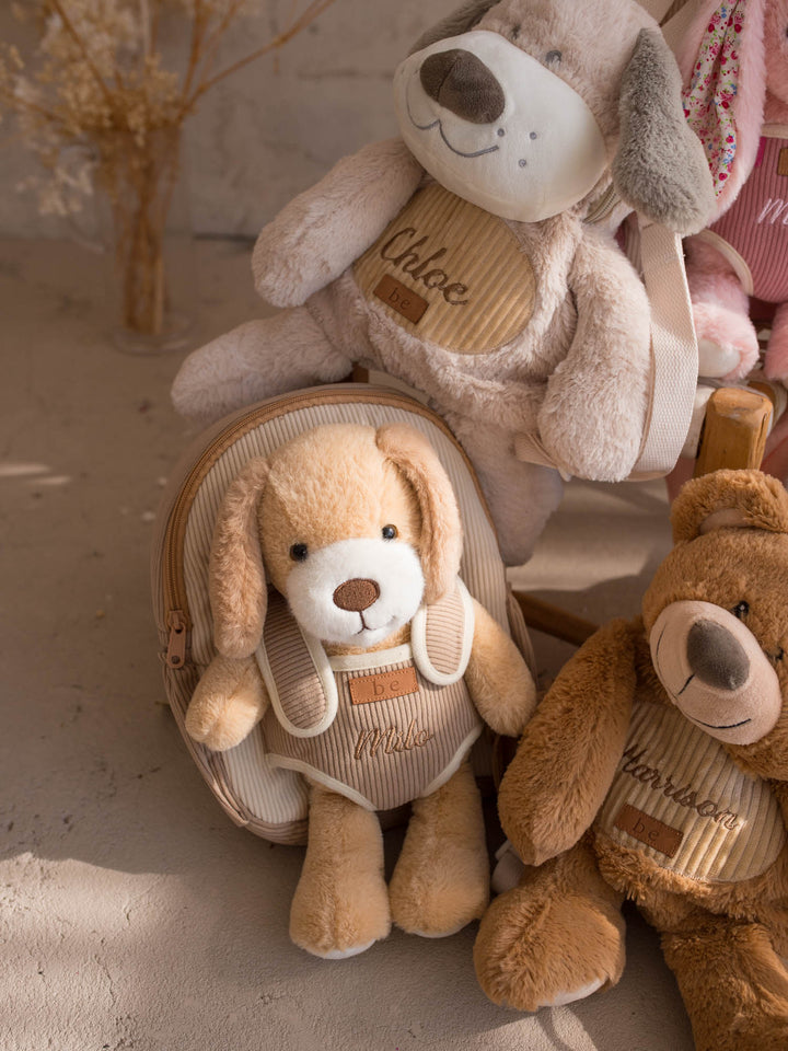 Milo the Puppy personalised plush backpack for kids, Little BFF backpacks together on a chair - Before & Ever Kids